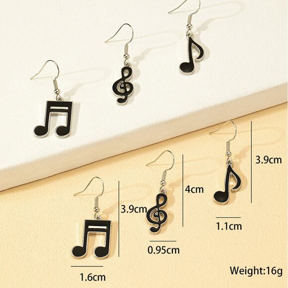 3 Pairs of Musician, Music Student, Music Note Dangling Earrings - Black/Gold - Picture 2 of 2